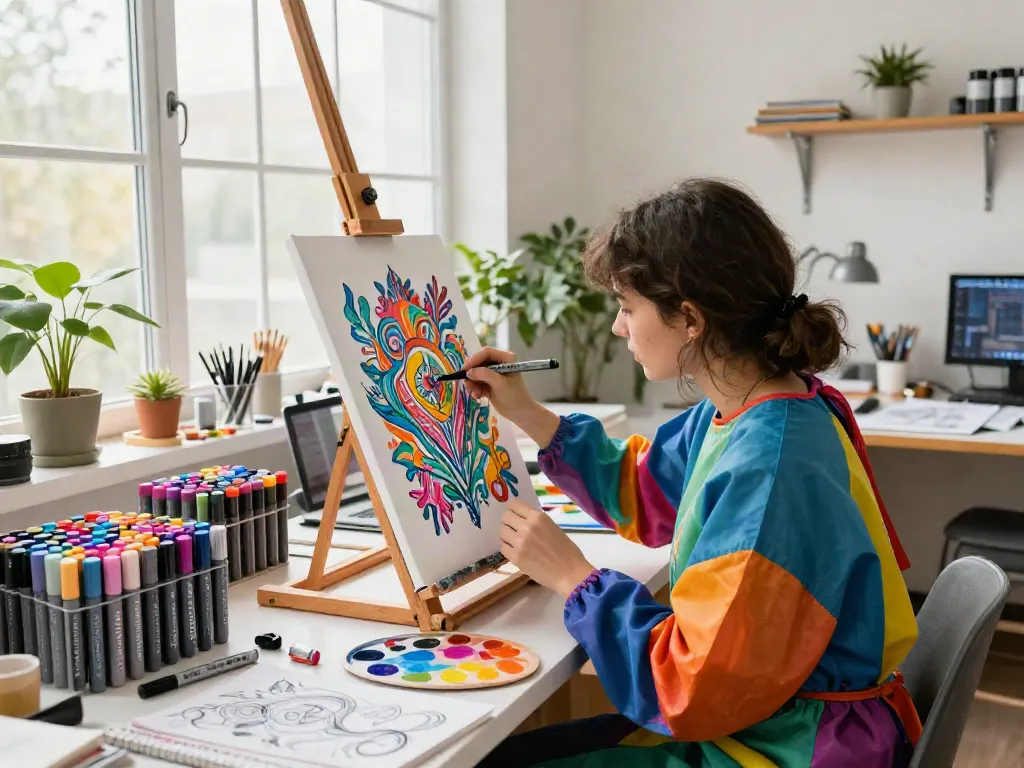 Artist working with vibrant marker pens at Marker Seeking studio