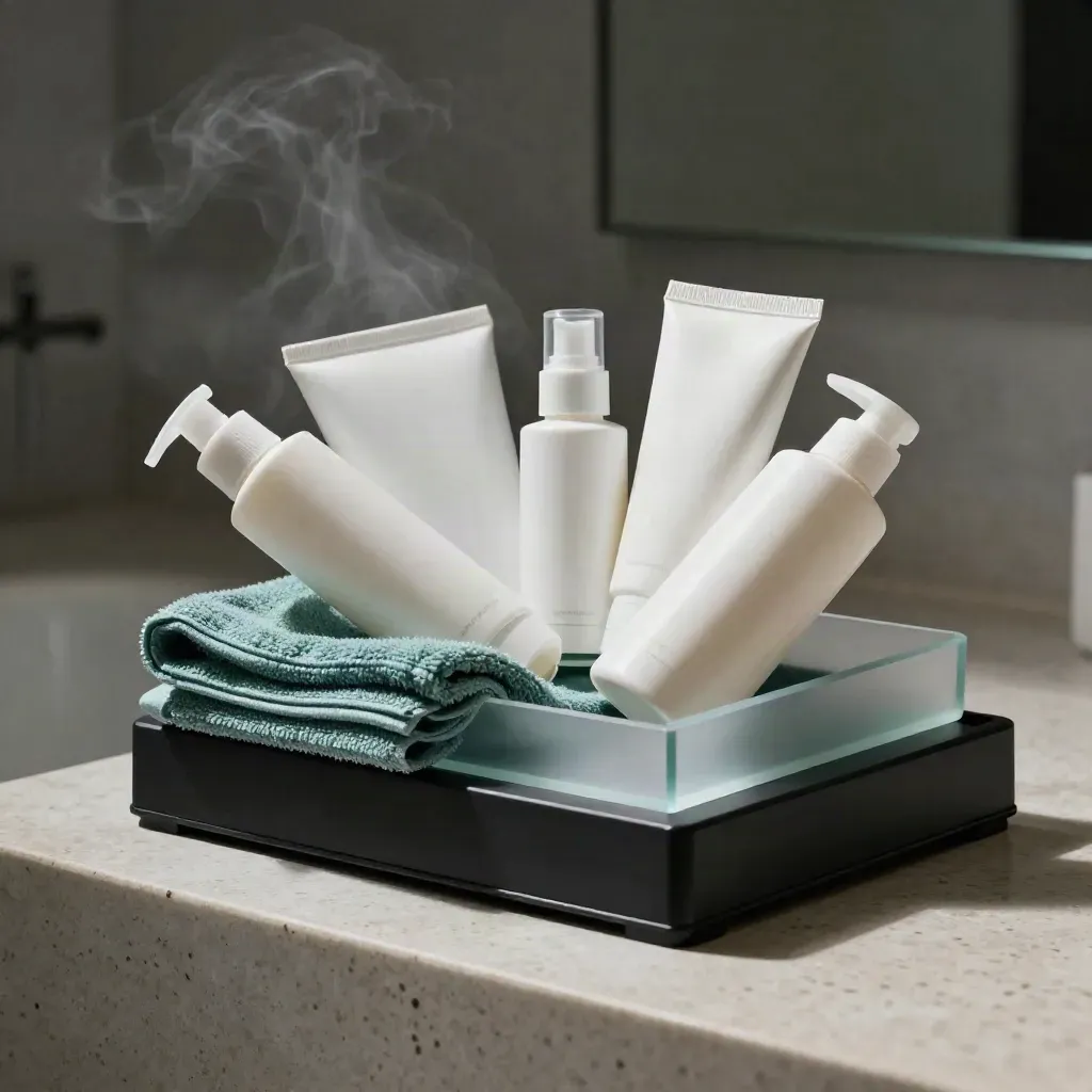 Open skincare bundle with cleanser, serum, moisturizer and SPF on travertine in a dim studio.