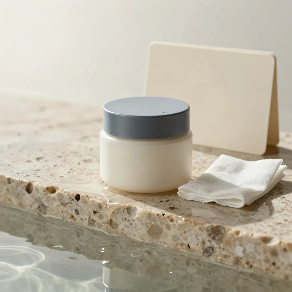 SPF cream jar on wet travertine with gauze and a shallow water pool