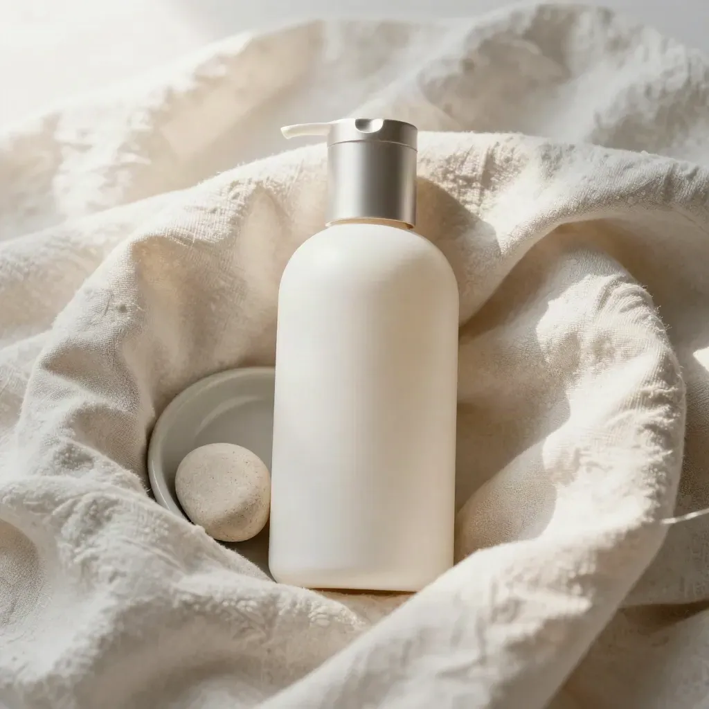 Pore reset cleanser bottle nestled in folded linen with ceramic tray and pale pebble.