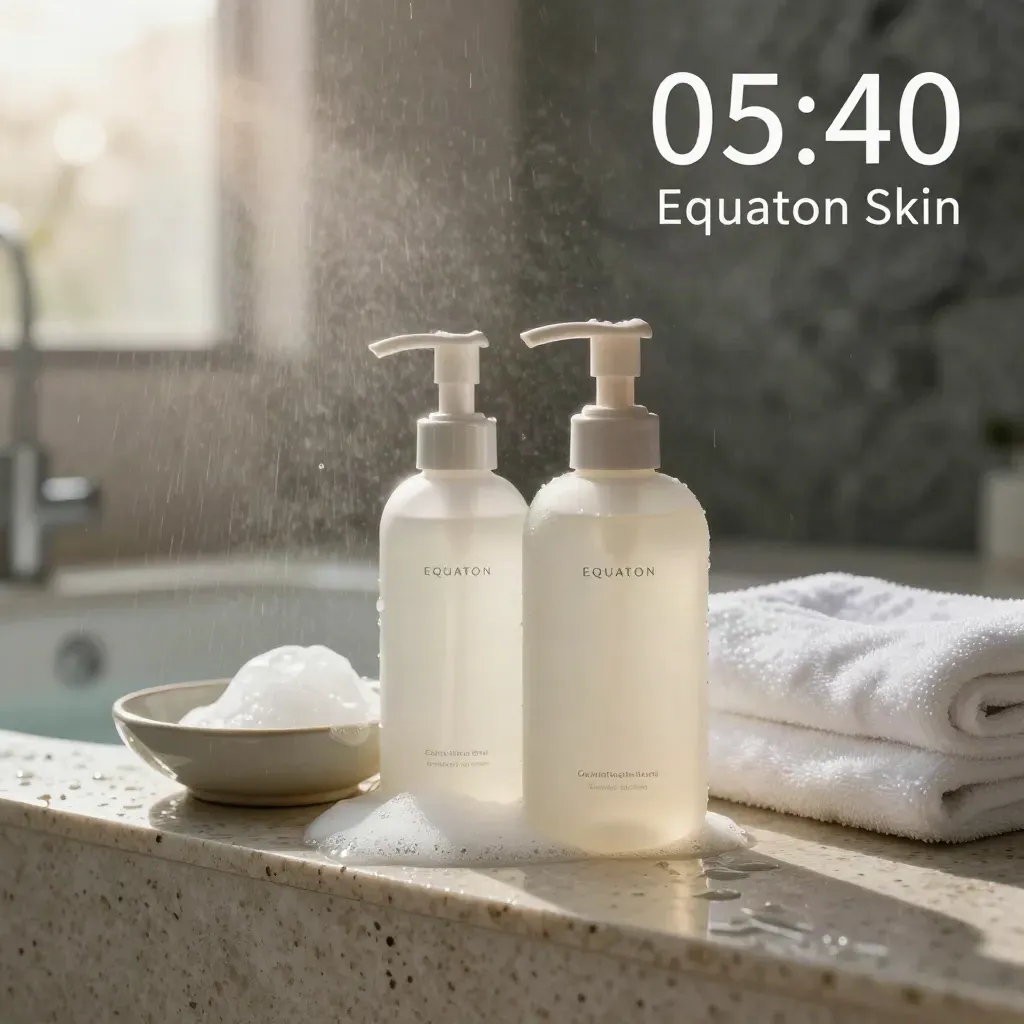 Unbranded cleanser bottle with pump, refill vial, towel, dish and water spray on stone at dawn.