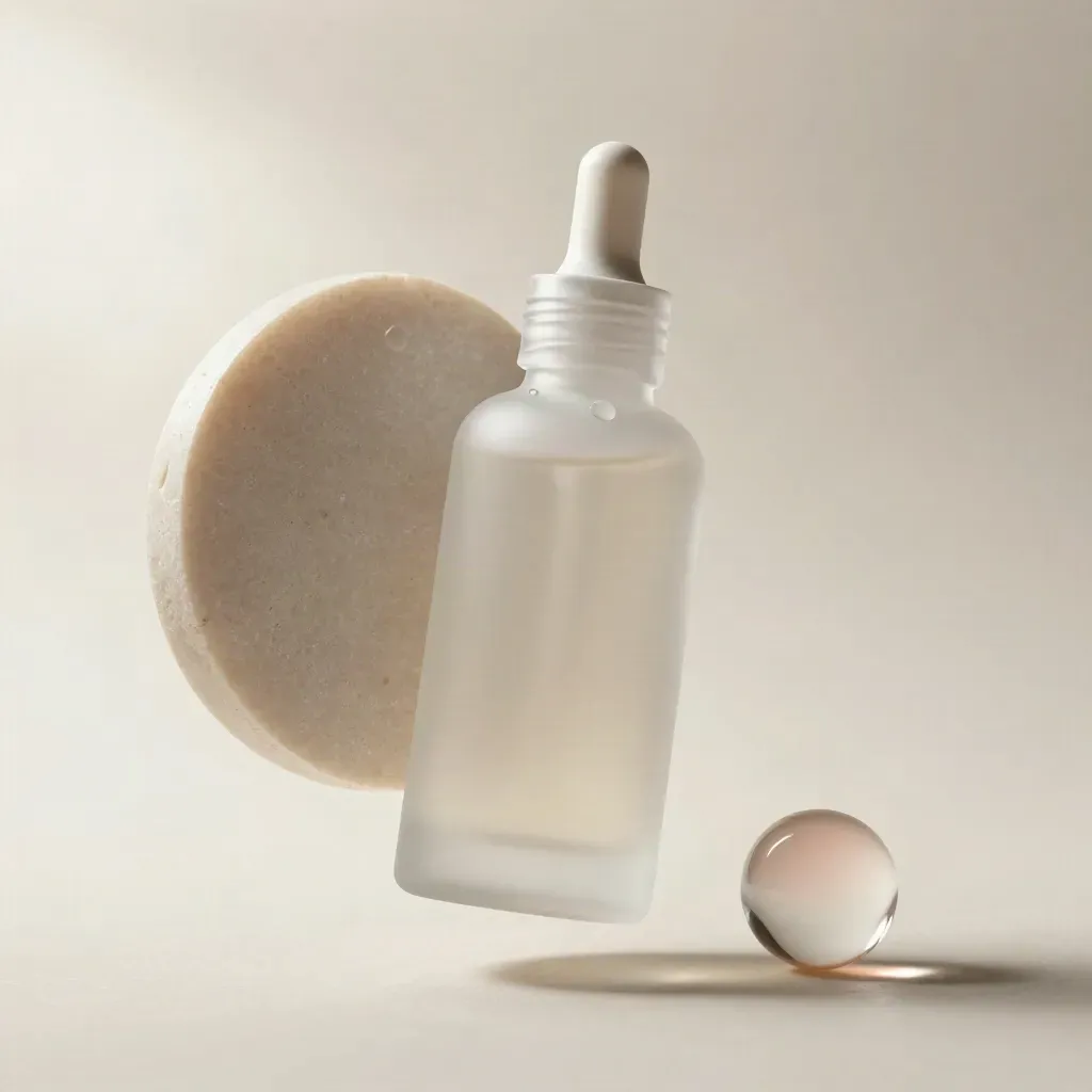 Floating frosted serum bottle with stone disc, glass bead, and mist on an ivory field.