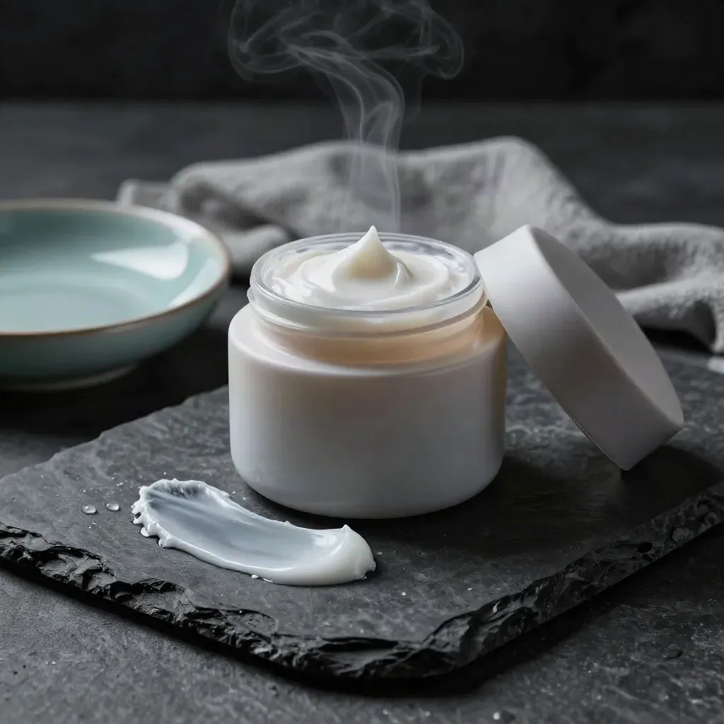 Moisturizer jar on brushed stone with gauze, cream smear, steam and soft teal accents.
