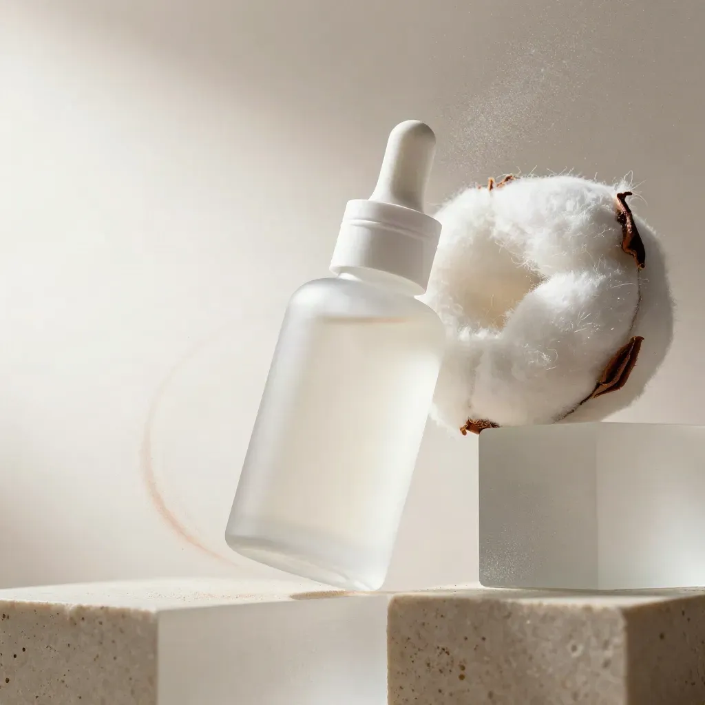 AHA peel bottle floating with frosted glass blocks, cotton round, and mineral dust