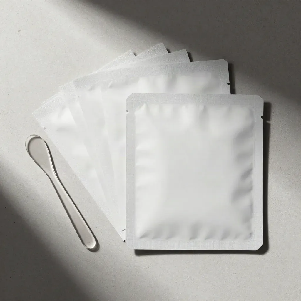 Overhead flatlay of mask sachets, pouch, spatula and damp linen on pale concrete.