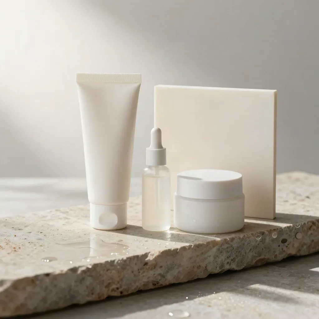 Acne control kit products on a damp stone step with water beads and soft spa light.