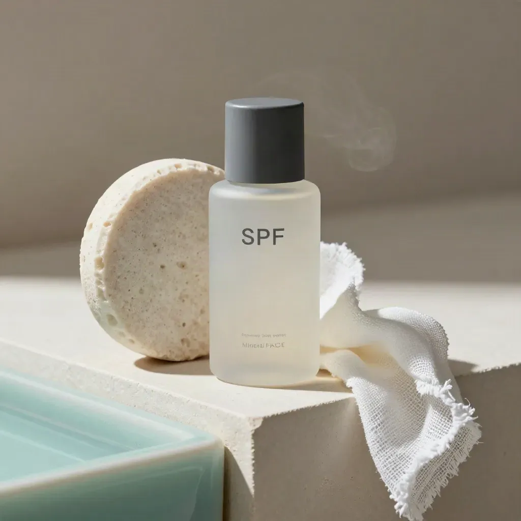 Sunscreen bottle with stone disc and folded gauze on pale plaster with a soft teal accent.