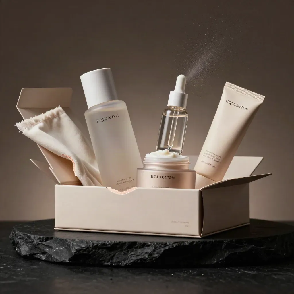 Skin-care starter set mid-unpack with cleanser, serum, moisturizer and SPF around an open box.