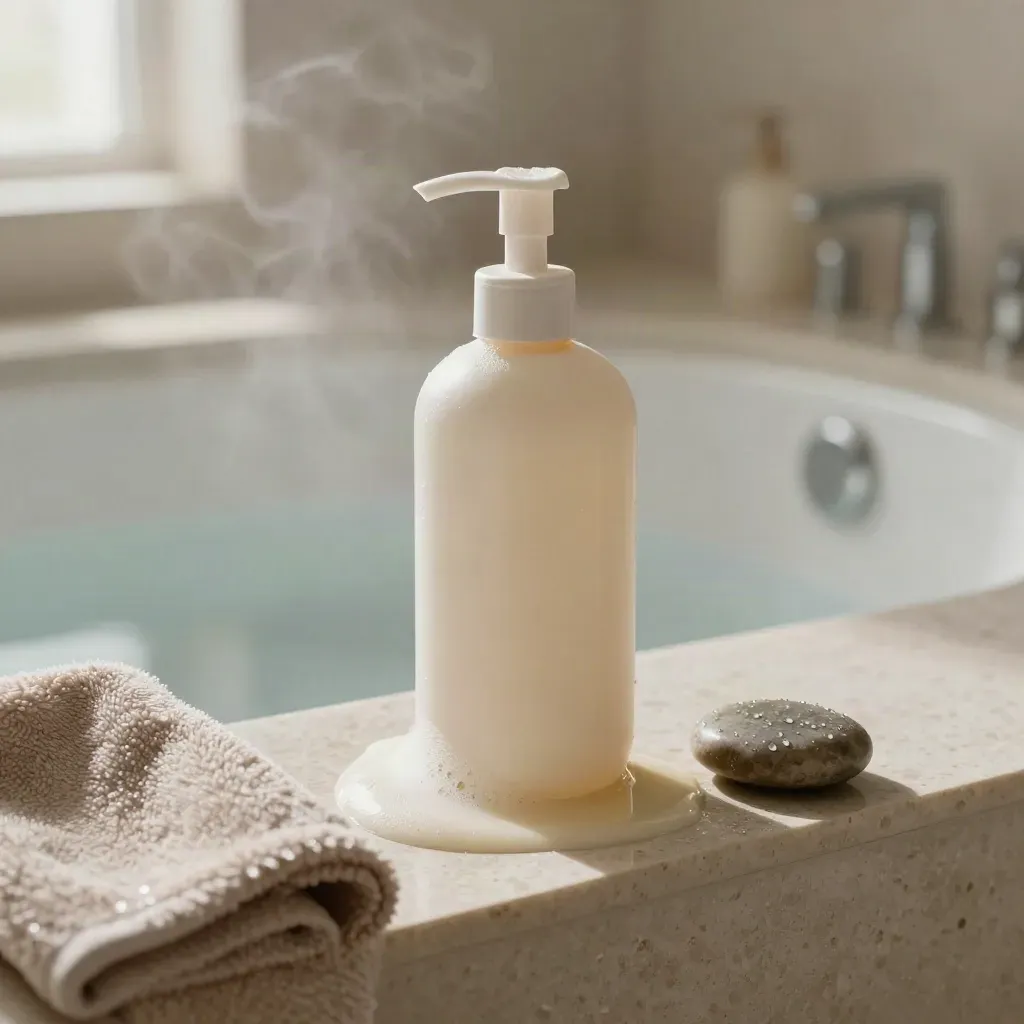 Foaming oil cleanser bottle with creamy swirl, terry towel, wet pebble on travertine.