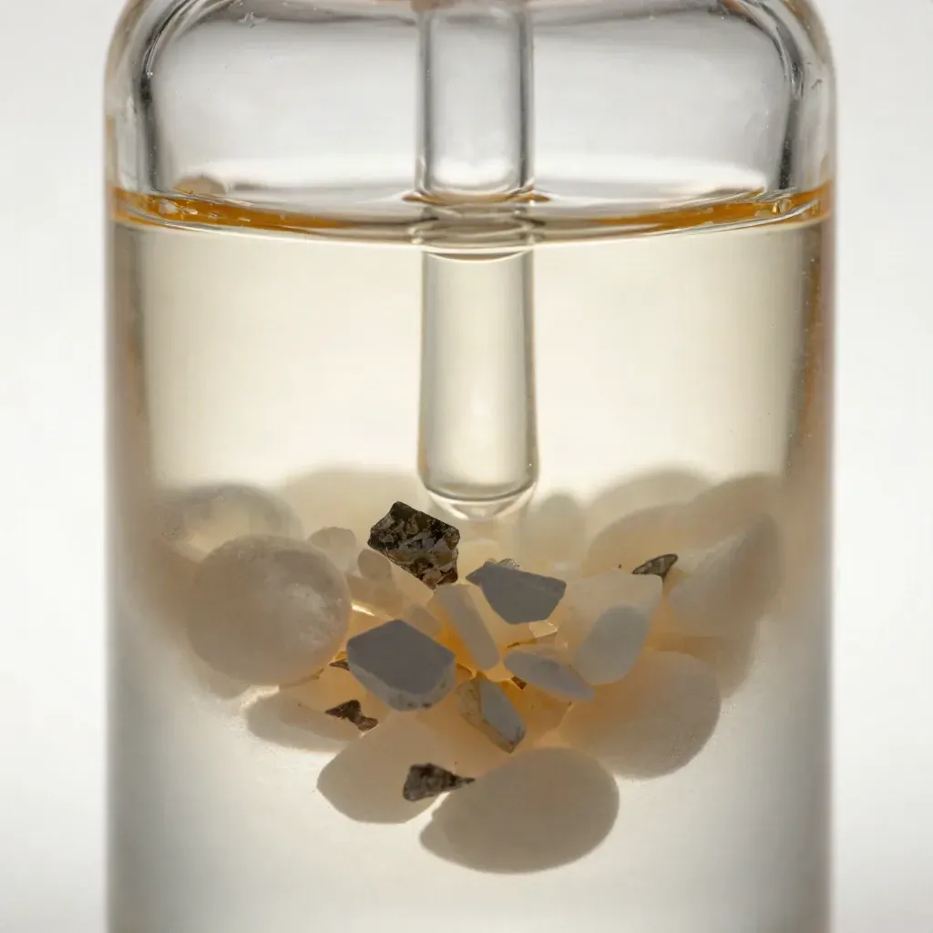 Macro serum bottle with frosted glass, amber glow, glass rod, and mineral chips.