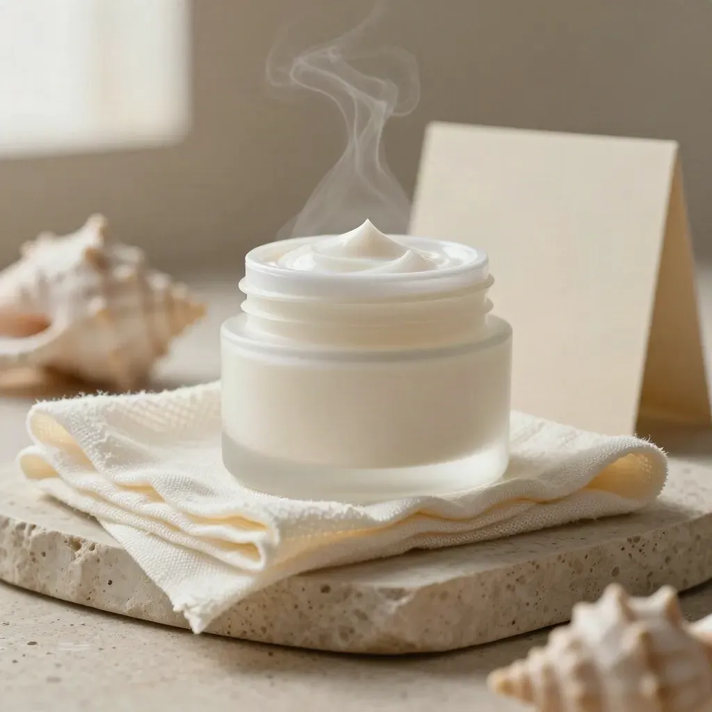 Barrier repair cream jar on pale stone with gauze and ceramic curves, softly lit, steam drifting.