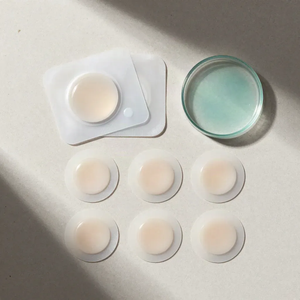 Overhead pimple patch set with peel-back sheet, loose dots and glass dish on pale stone