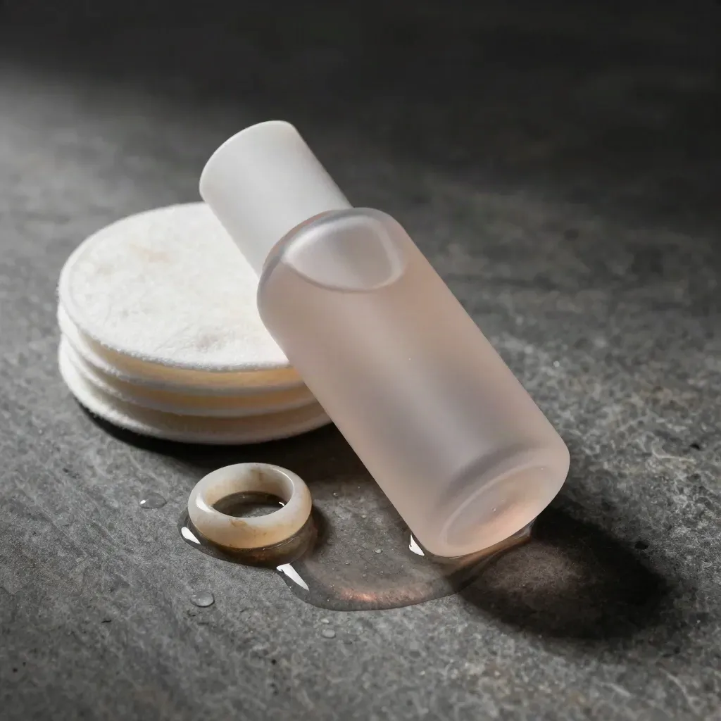 Toner bottle with cotton rounds and a liquid ring on dark stone in dramatic studio light.