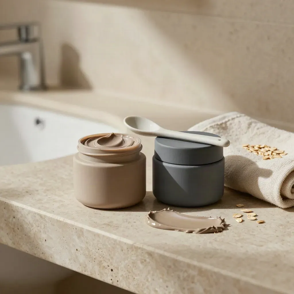 Two clay mask jars with spoon, towel and clay smear on a limestone vanity