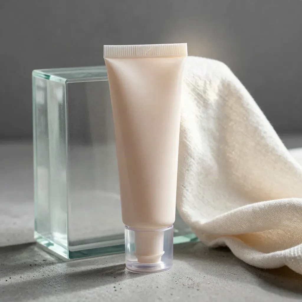 Unbranded SPF primer gel tube with glass block and sunlit linen in a clean studio hero shot