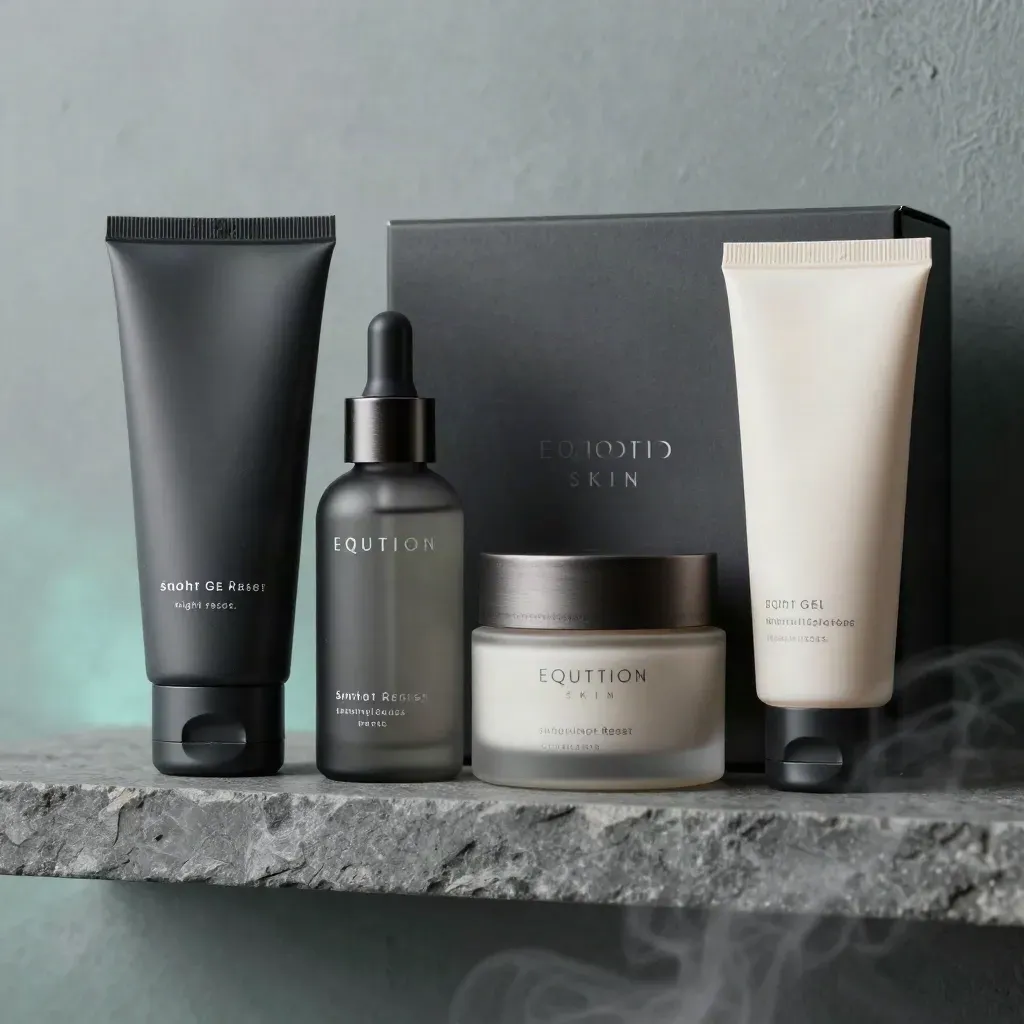 Four unbranded skincare products beside a matte box, lit with soft steam on graphite stone.