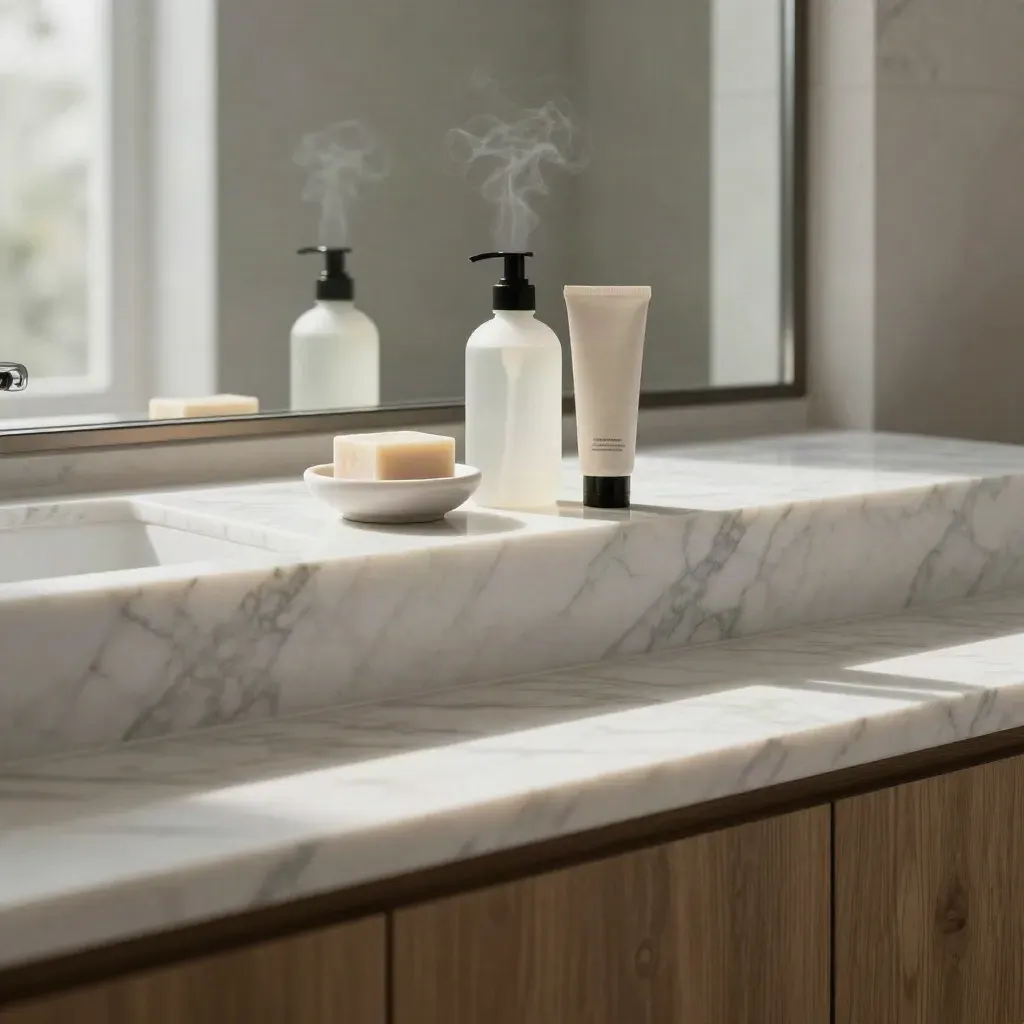 Sunlit marble ledge with soap dish, cleanser bottle and steam in a bathroom nook.