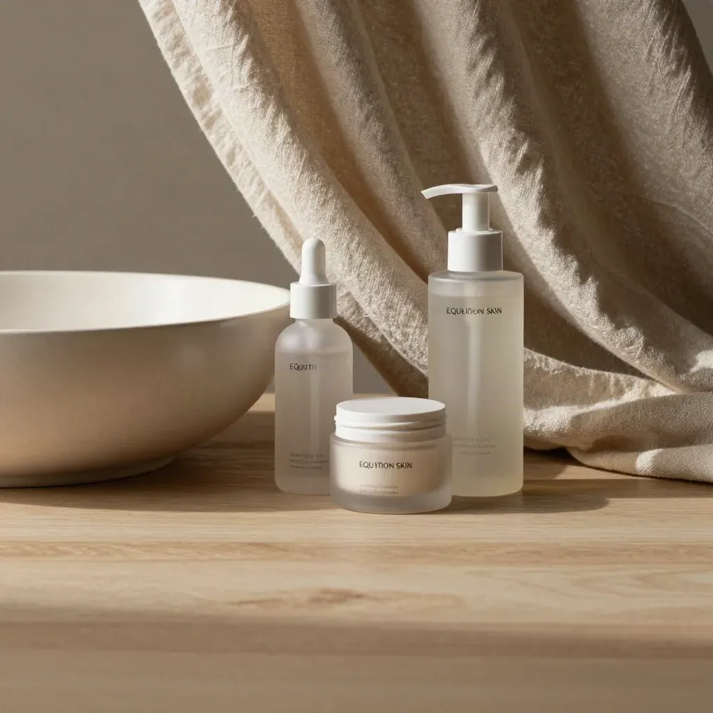 Oak tabletop with skincare bottles beside a blurred ceramic basin in soft morning light.