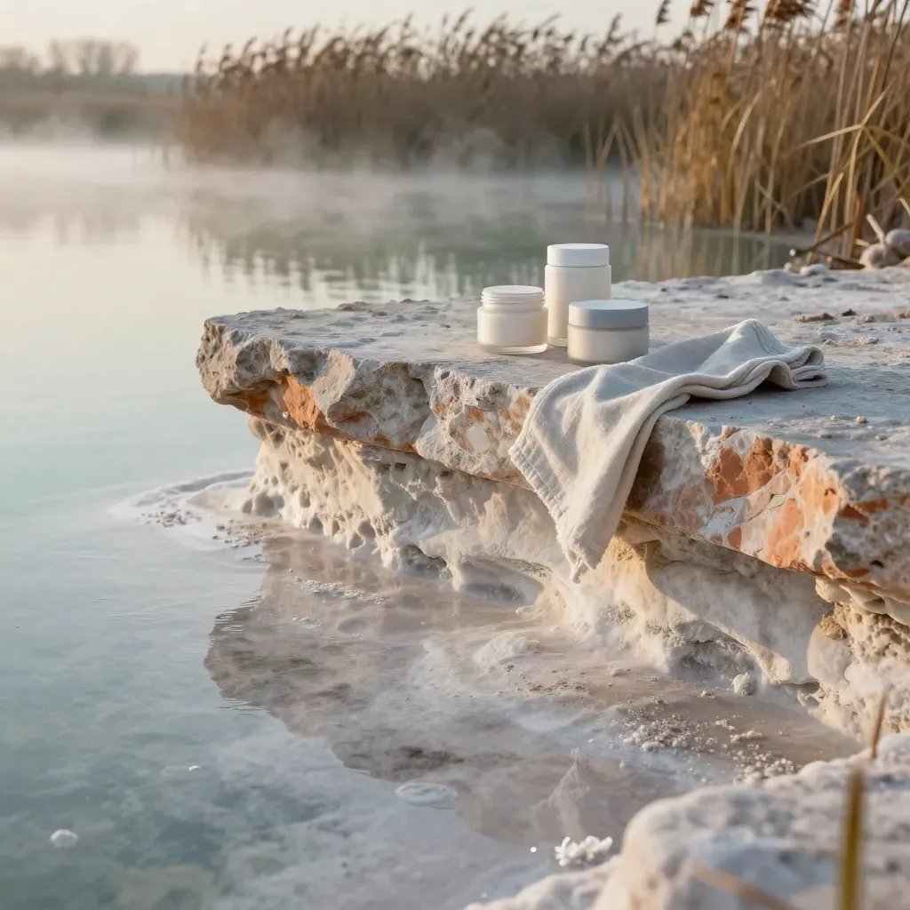 Sunrise limestone shelf by still water with reeds and mist, minimal skincare jars high in frame.