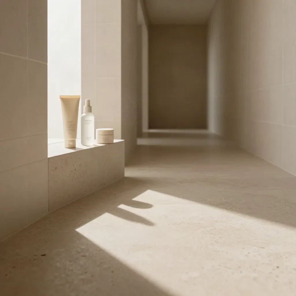 Sunlit spa corridor with sunscreen and skincare on a travertine ledge