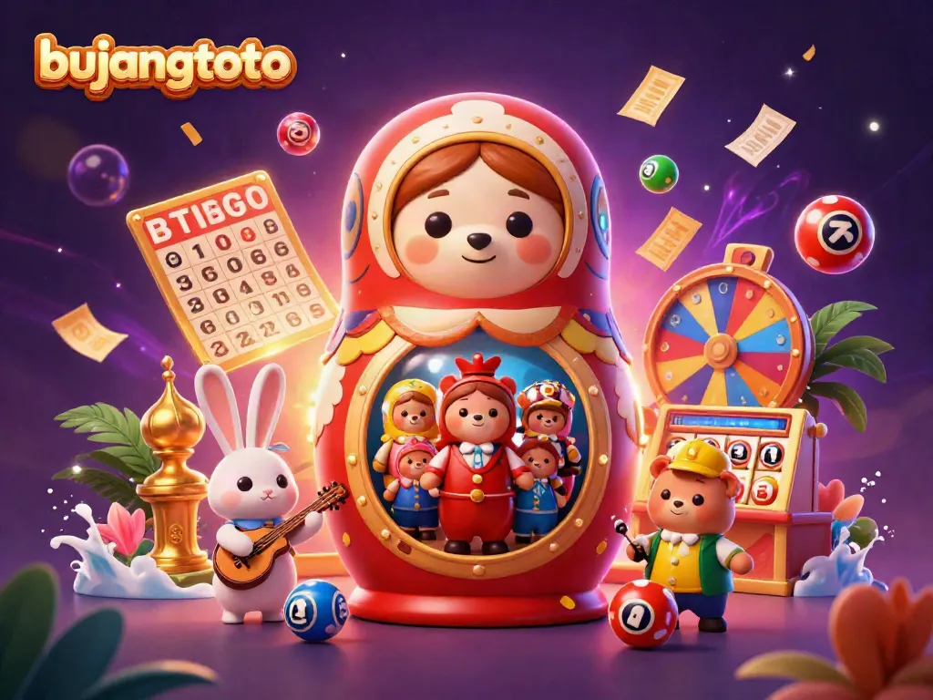Bujangtoto Lottery scene with colorful balls, golden bingo card, and animated characters.