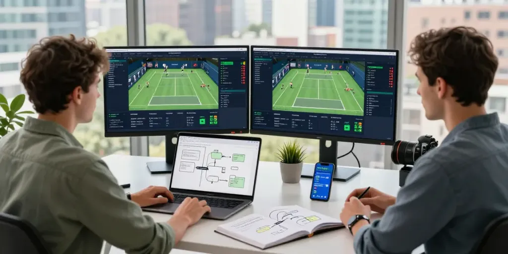LiveTennisAPI real-time data analysis at a modern workspace with developer and monitors.