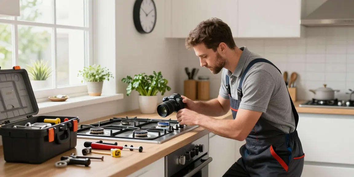 Gas stove repair technician working in a modern kitchen, showcasing service quality.
