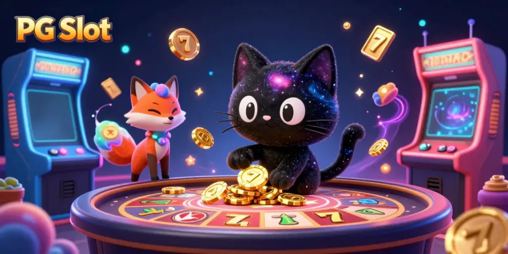 Gempar jackpot PG Slot dengan kucing hitam berbintang menarik koin dan simbol slot di kasino kosmik.