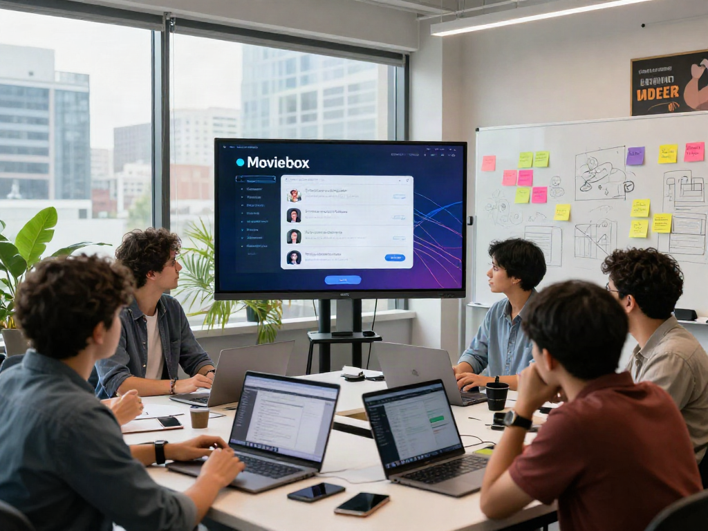 Team discussing the latest features of the Moviebox app in a vibrant co-working space.