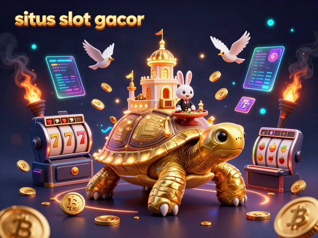 Mainkan situs slot gacor dengan simbol jackpot dan dealer kelinci di latar belakang megah.