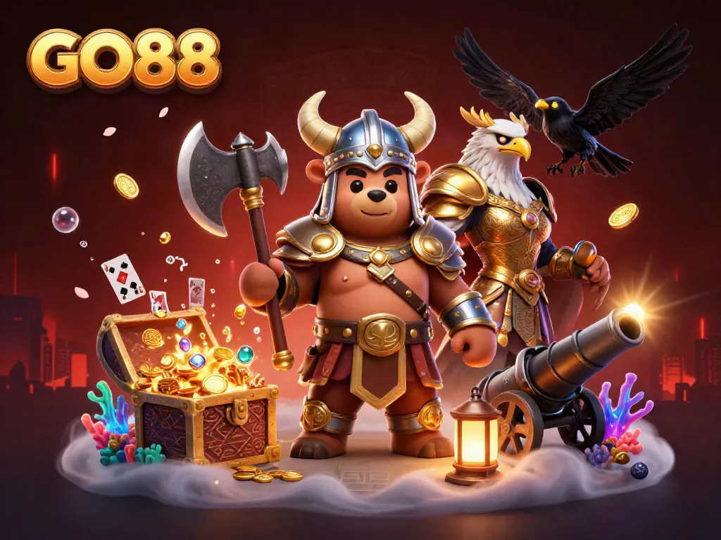 Engage in thrilling action with GO88's exciting 3D scene showcasing a Viking bear and a Valkyrie.