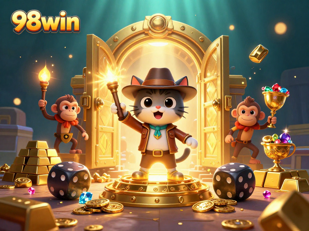 Engage with 98win's vibrant casino adventure featuring a cat archaeologist and treasures.