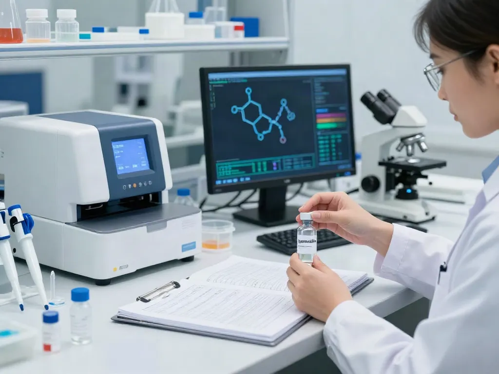 Buy Ipamorelin online in a professional lab setting showcasing scientific testing and research.