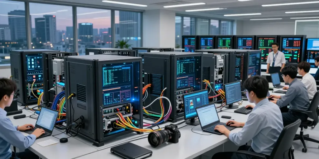 What are AI tokens illustrated in high-tech data center with GPUs processing metrics and technicians collaborating.