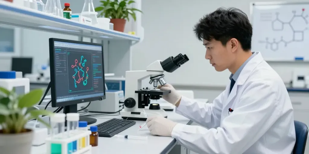 Researcher analyzing senolytic peptides in a modern lab environment.