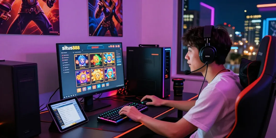 Engaged gamer exploring situs888 gacor platform with vibrant setup and community atmosphere.