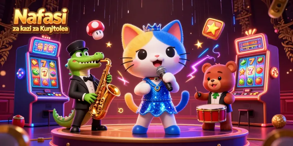 Nafasi za kazi za Kujitolea showcases a dynamic casino scene with cartoon characters, spinning slot machine reels, and vibrant gaming elements.