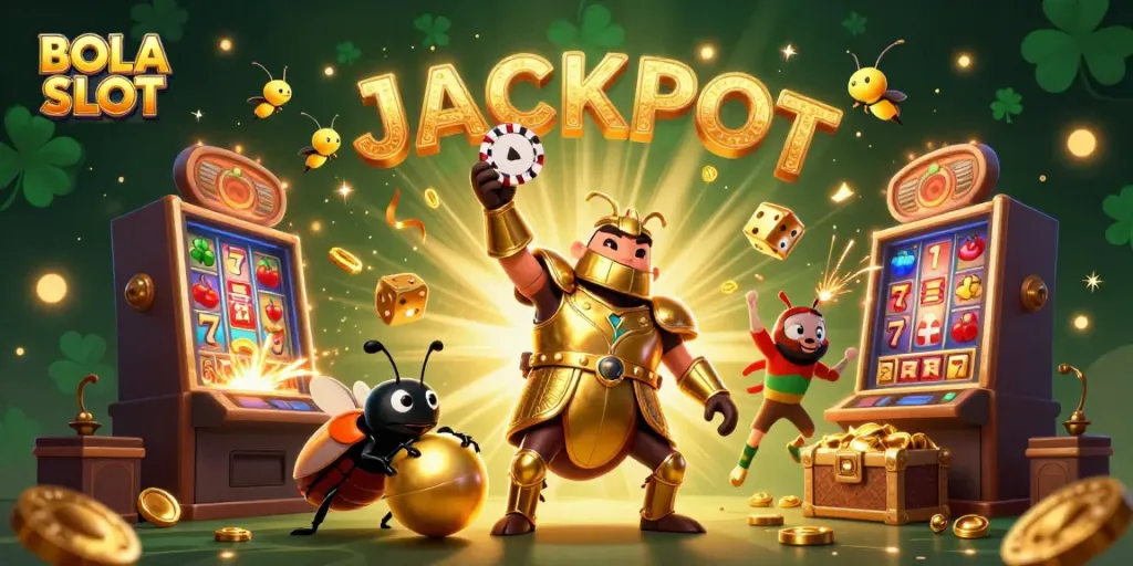 Experience the thrills of BOLA SLOT in an exciting jackpot scene with dynamic characters and vibrant casino elements.