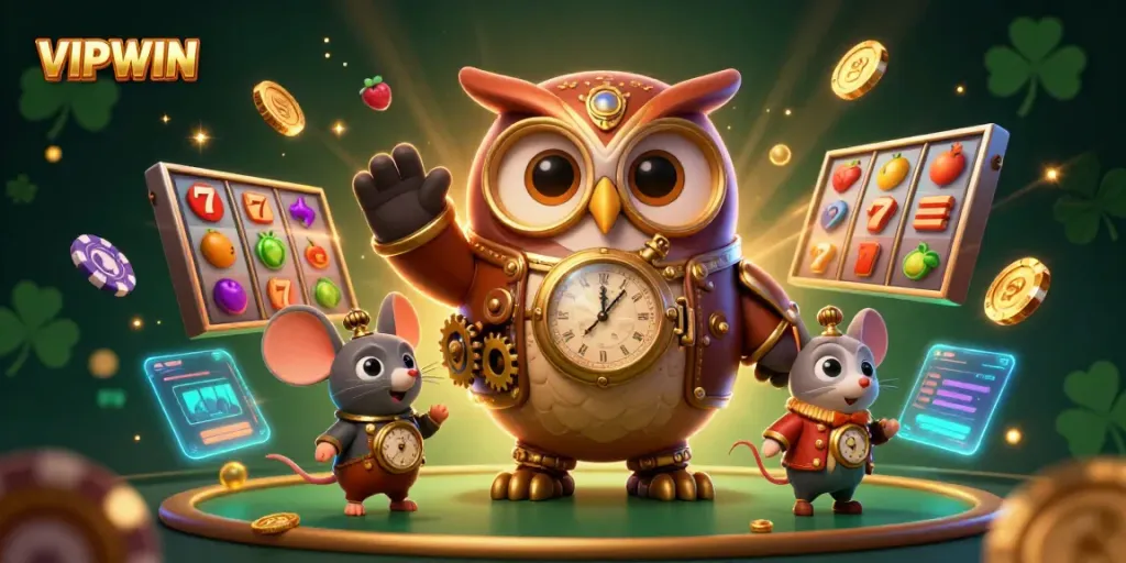 Experience the excitement of VIPWIN with a time-traveling owl and casino symbols in a dynamic scene.