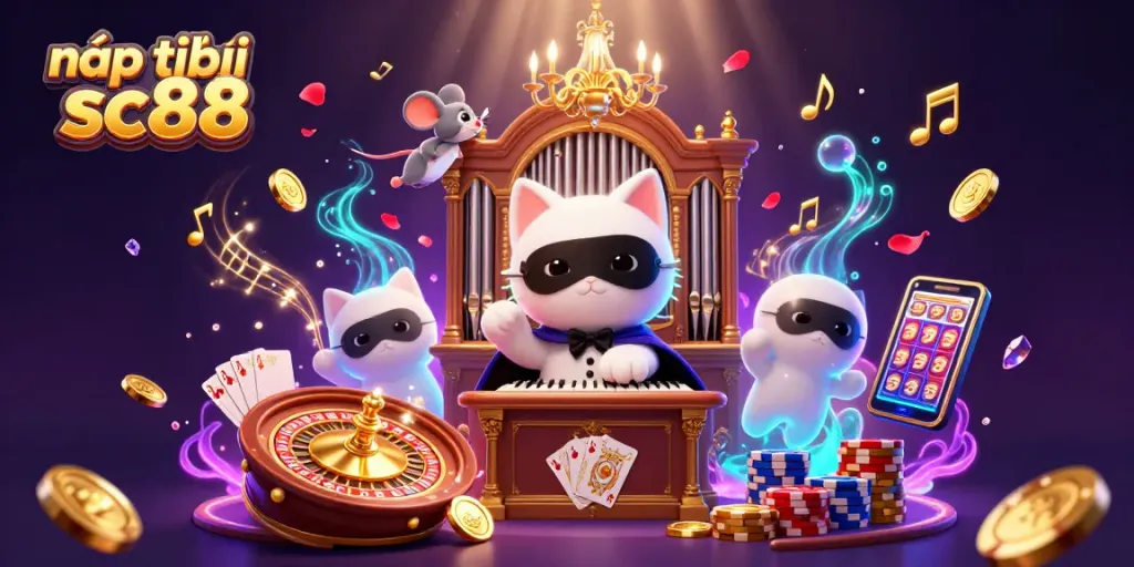 Deposit on SC88 with charm as the phantom cat plays at the casino organ, enveloped by rich visuals and gaming elements.