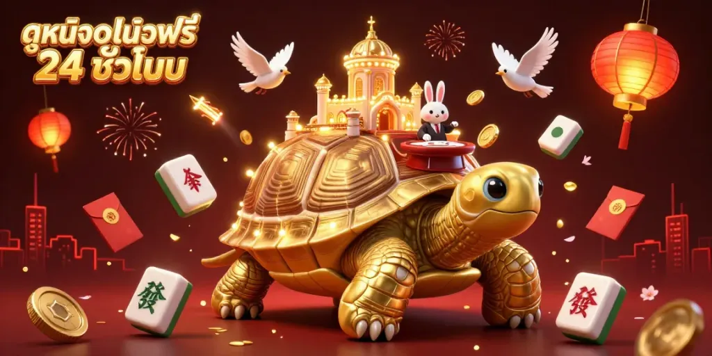 Enjoy ดูหนังออนไลน์ฟรี 24 ชั่วโมง in a vibrant cartoonish casino scene with golden coins and festive effects.