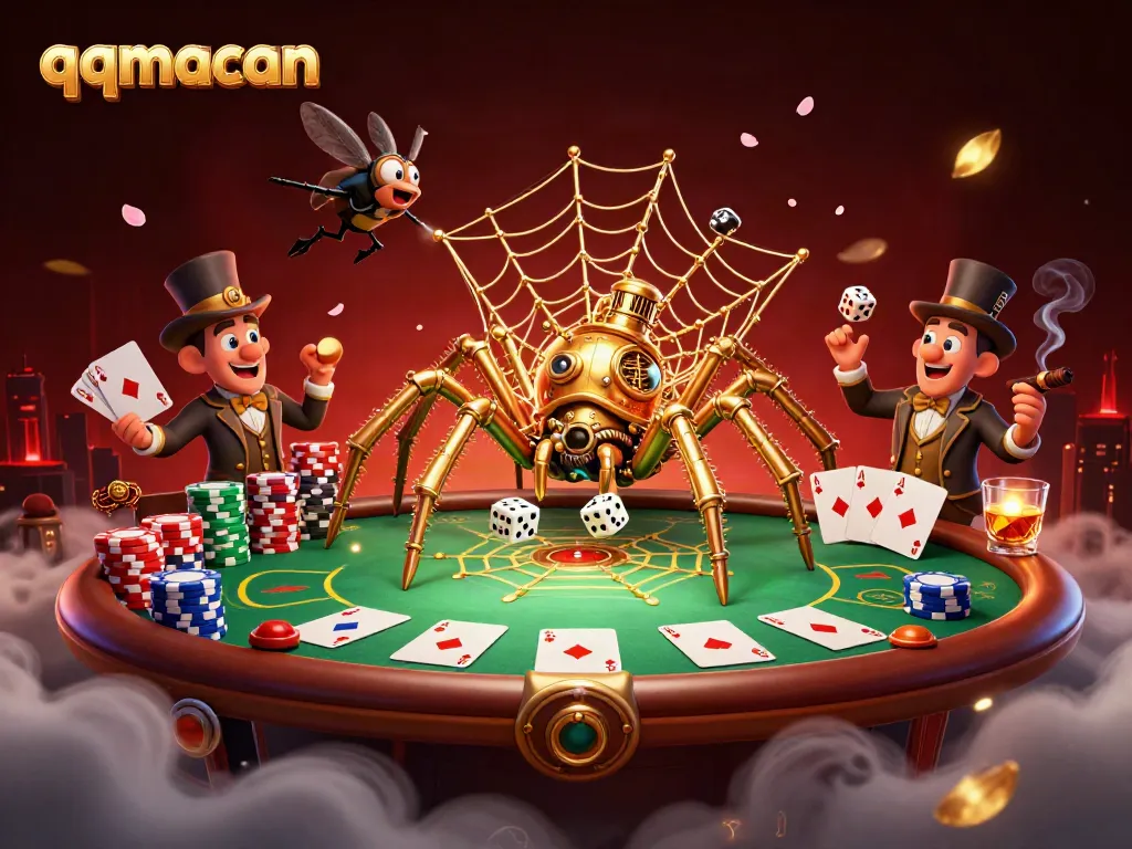 Experience thrilling moments with qqmacan as a golden steampunk spider catches dice, surrounded by colorful poker elements.