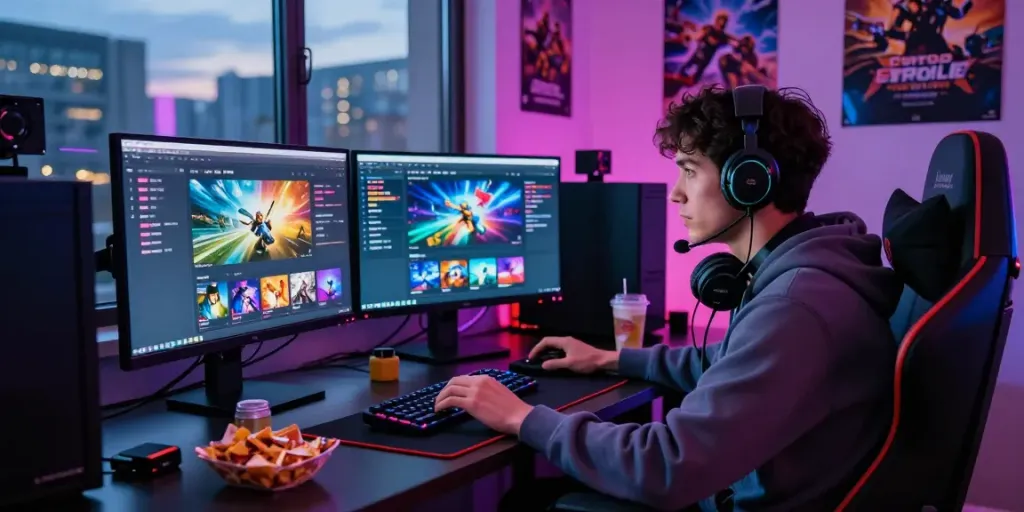 Engaged gamer in a vibrant setup enjoying game online with dual monitors.