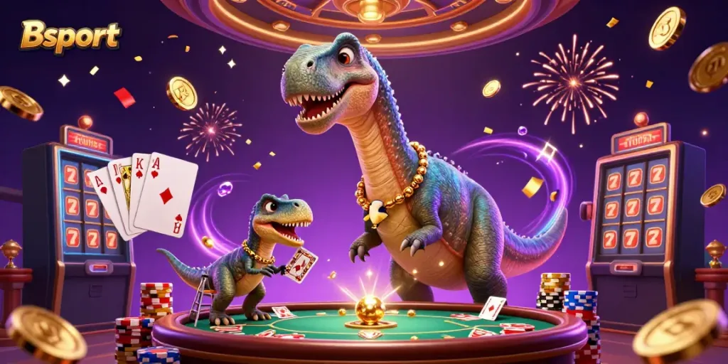 Engage with Bsport's thrilling gaming experience featuring a 3D brontosaurus overseeing players at a casino.