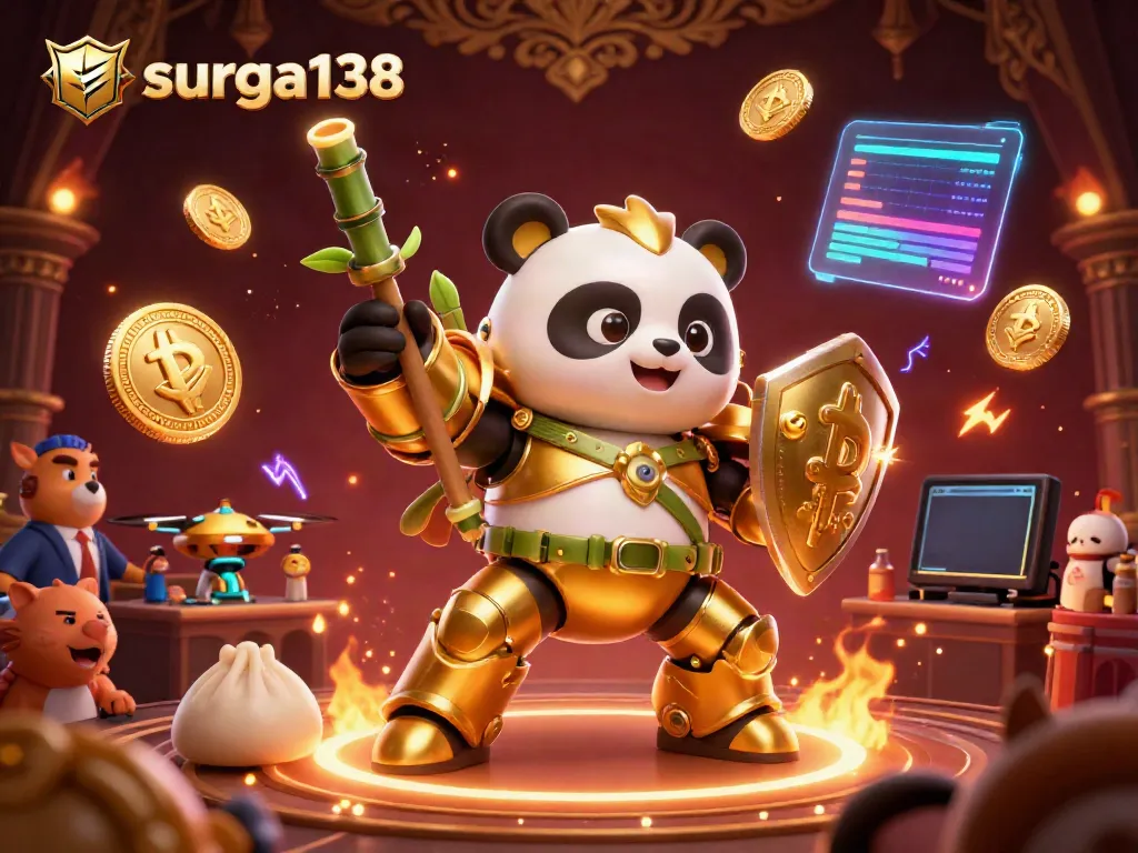 Bermain dengan surga138 dalam suasana kasino meriah yang dipenuhi koin digital dan robot panda mengagumkan.