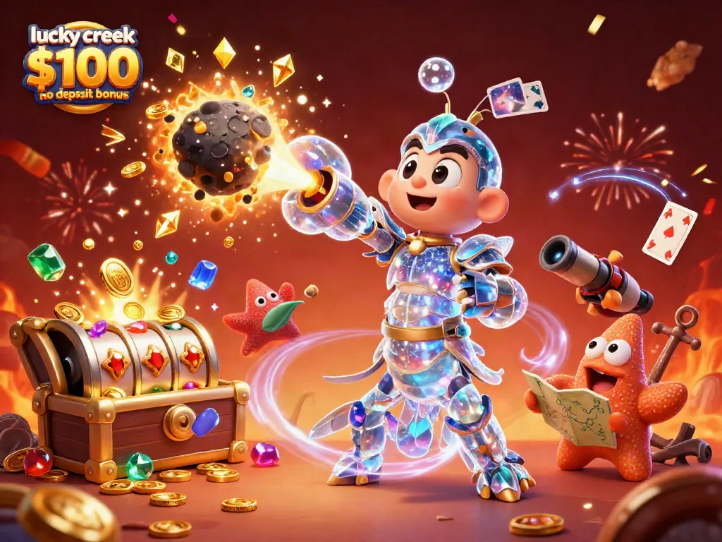 Engage with the lucky creek $100 no deposit bonus in this dynamic 3D casino-themed illustration.