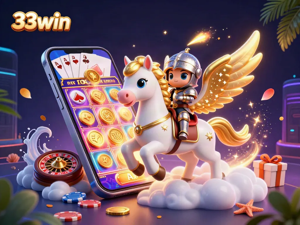 Win big at 33win with a vibrant 3D illustration of games, featuring slots and casino elements.