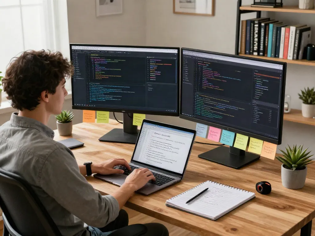 Pengembang menggunakan ServerPG di kantor rumah modern dengan monitor dan catatan.