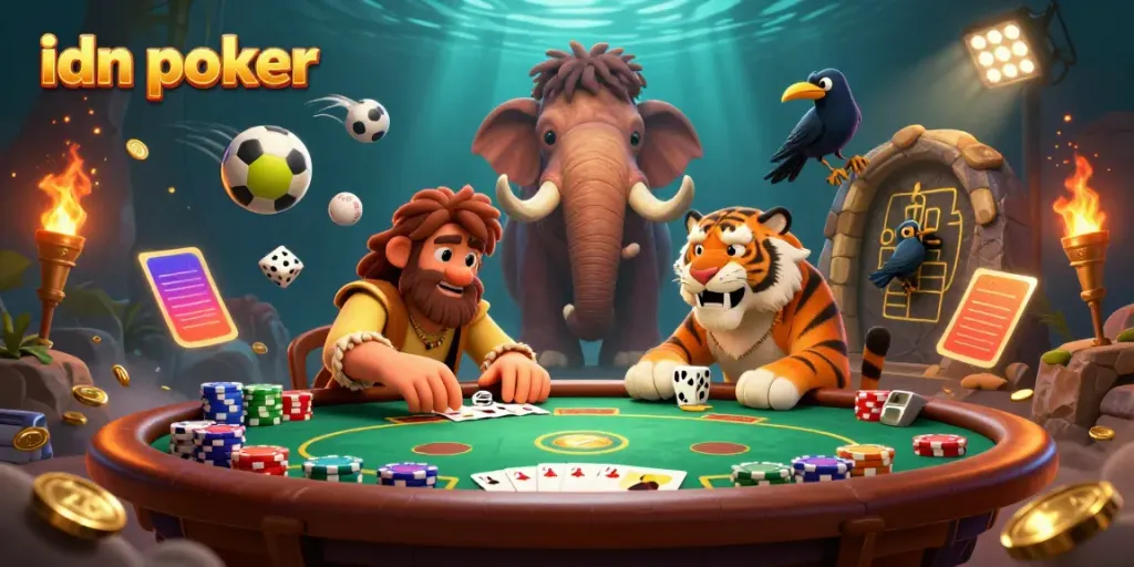 Engage in idn poker with a 3D caveman and sabertooth tiger duo hosting a dynamic prehistoric casino scene.