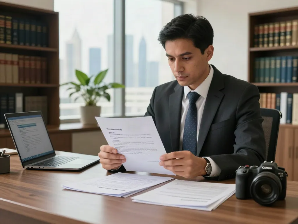 Legal Notice Services in Dubai, lawyer reviewing legal documents in a professional office setting